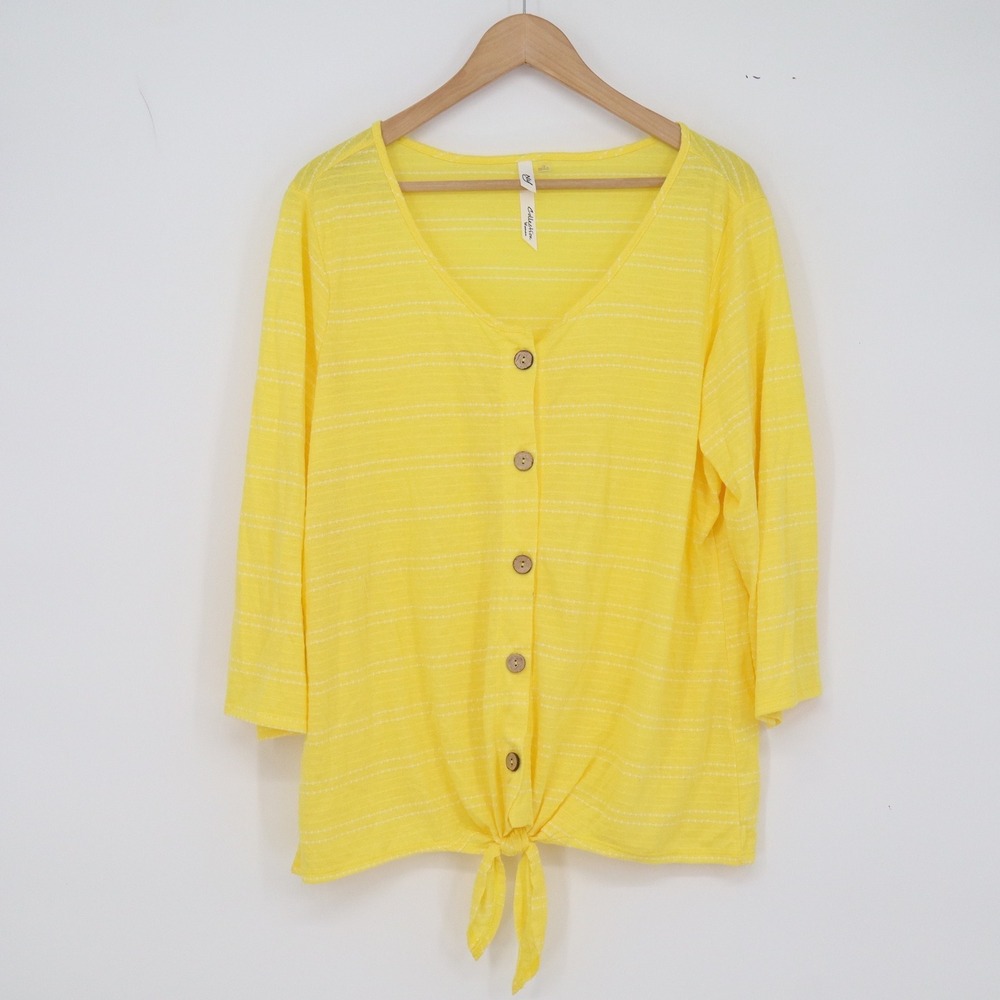 NY Collection Top Womens 1X NKU3125 Yellow Button Tie Front Striped Excellent